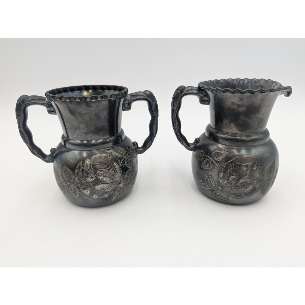 Vintage Wilcox Silverplate Hand Etched 3D Rose Detailed Creamer and Open Sugar